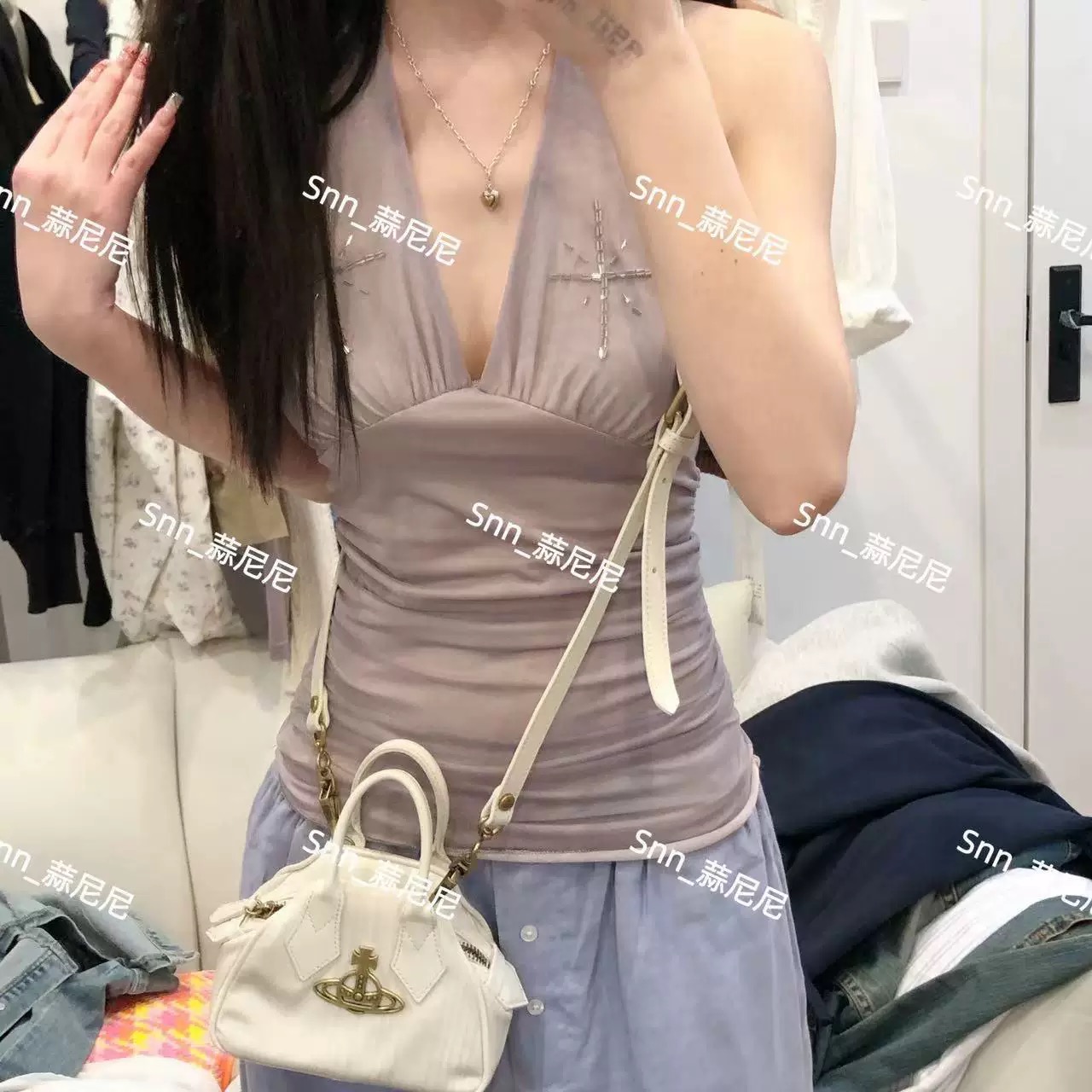 蒜尼尼 han代_真的超美定染色手工穿珠春夏微透褶皺掛脖式