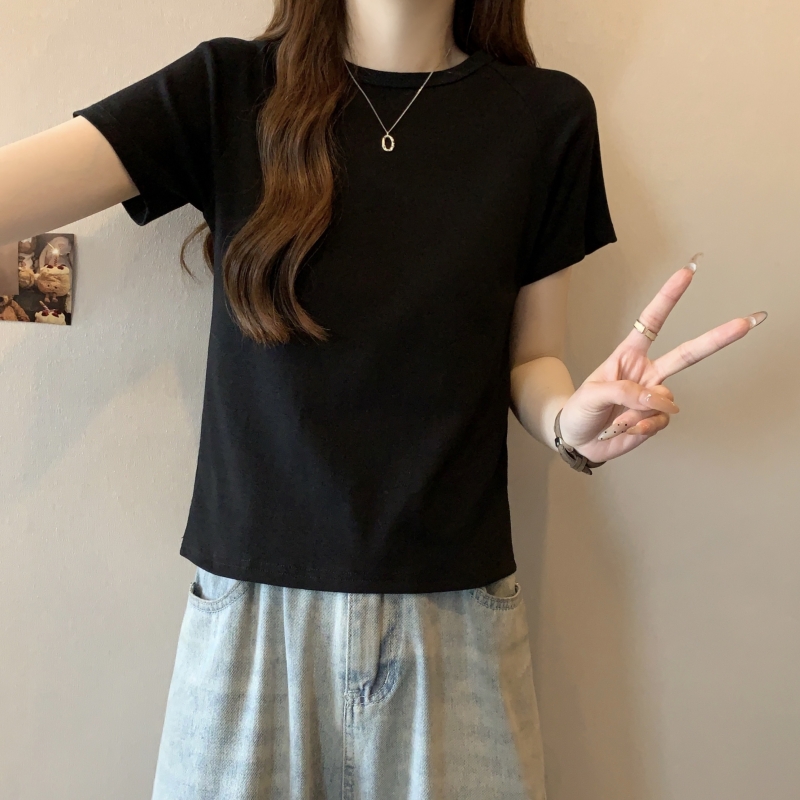 實拍  40支純棉210克92棉/8氨綸純色短袖T恤女插肩袖