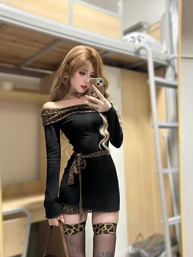 Pure one-shoulder leopard print spliced ​​long-sleeved dress for women early spring slim and sexy hot girl temperament short skirt