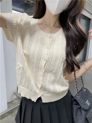 Real photo of round neck hollow bow short-sleeved sweater for women 2025 spring and summer short casual slim top