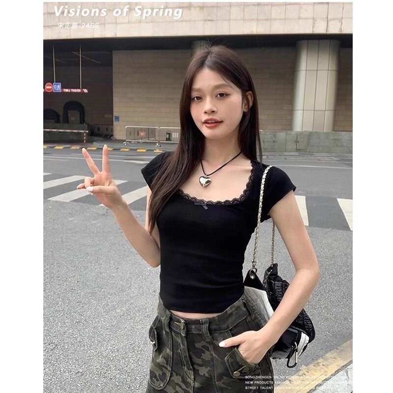 辣妹黑色蝴蝶結蕾絲花邊U領短袖t恤女夏季正肩短款修身純欲上衣潮