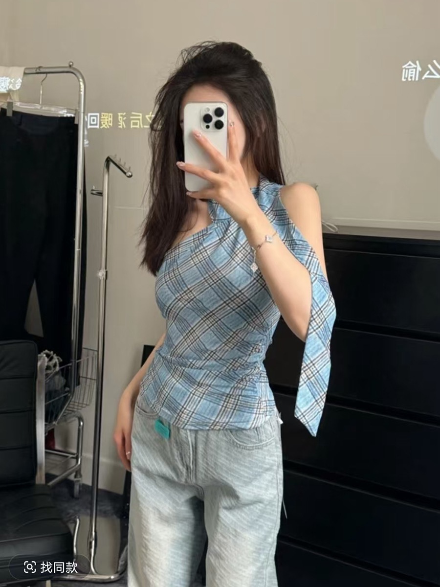 Official picture: halter neck strap contrast color plaid sleeveless vest for women 2025 summer new style
