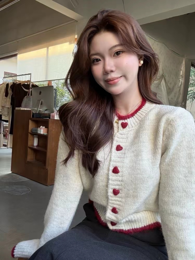 Autumn and winter design color-blocking love button sweater for women loose round neck knitted cardigan top