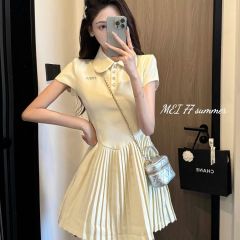 韓系Polo領短袖連衣裙女2025夏季設計感甜美氣質修身拼接百褶短裙