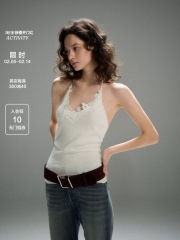 PynkiSwear白色兔絨V領掛脖蕾絲花朵拼接吊帶背心上衣 可內搭外穿