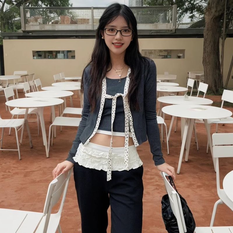 Official picture + original method retro gray lace-up fashionable hot girl suit women fake two-piece T-shirt