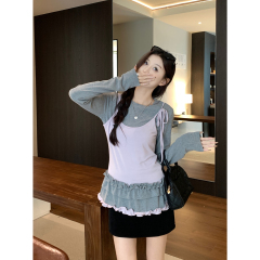 Real shot of 2025 spring Korean version contrasting color fake two-piece ruffled hem sweet long-sleeved T-shirt top for women