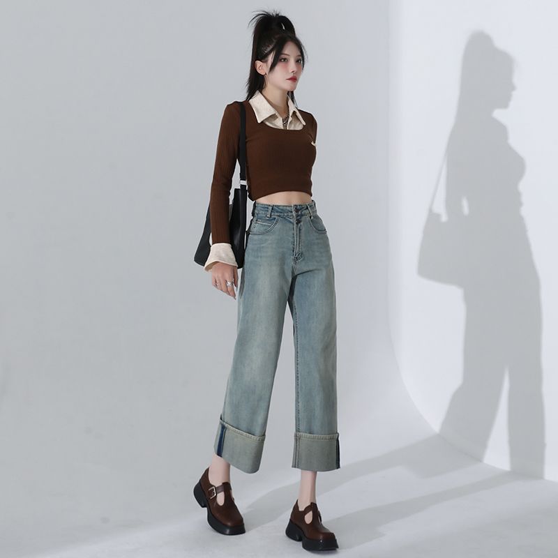 Real shot of 2025 spring fashion retro straight cigarette jeans for women