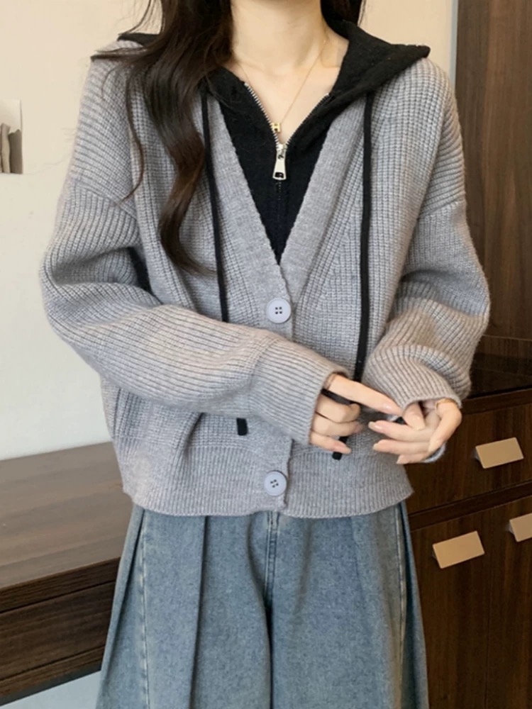 假兩件時尚休閒毛衣短款加厚外套女秋冬連帽針織開衫上衣