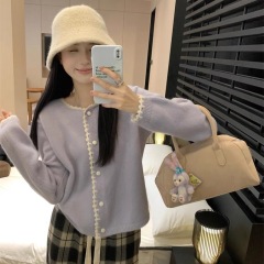 溫柔風紫色花邊領高級感針織開衫毛衣女早春寬鬆長袖小眾上衣外套