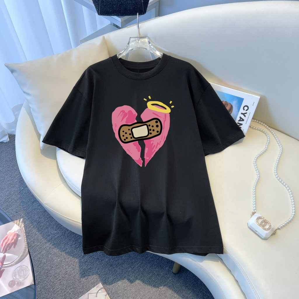 Real shot 100% cotton combed pure cotton printed summer short-sleeved T-shirt for women loose Korean version
