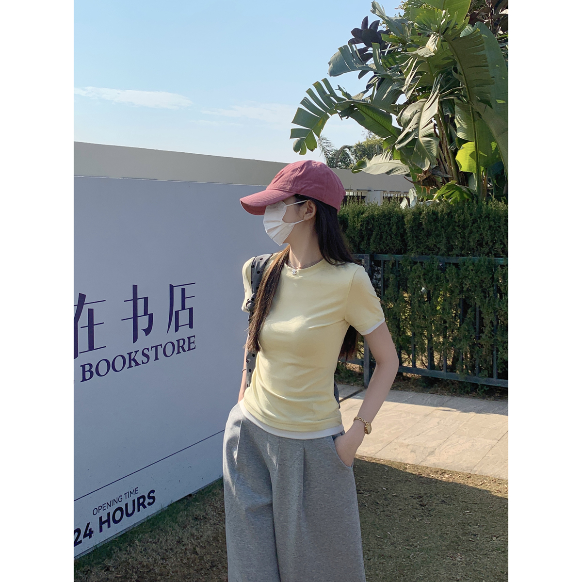 Real shot of spring and summer Korean version contrasting colors versatile front shoulder round neck Laiser Tensi skin-friendly short-sleeved T-shirt top