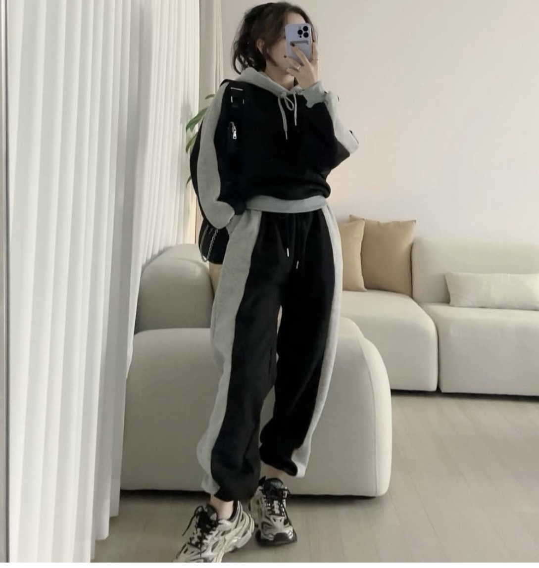 韓國chic秋冬氣質寬鬆撞色長袖加絨連帽衛衣+高腰休閒褲長褲套裝