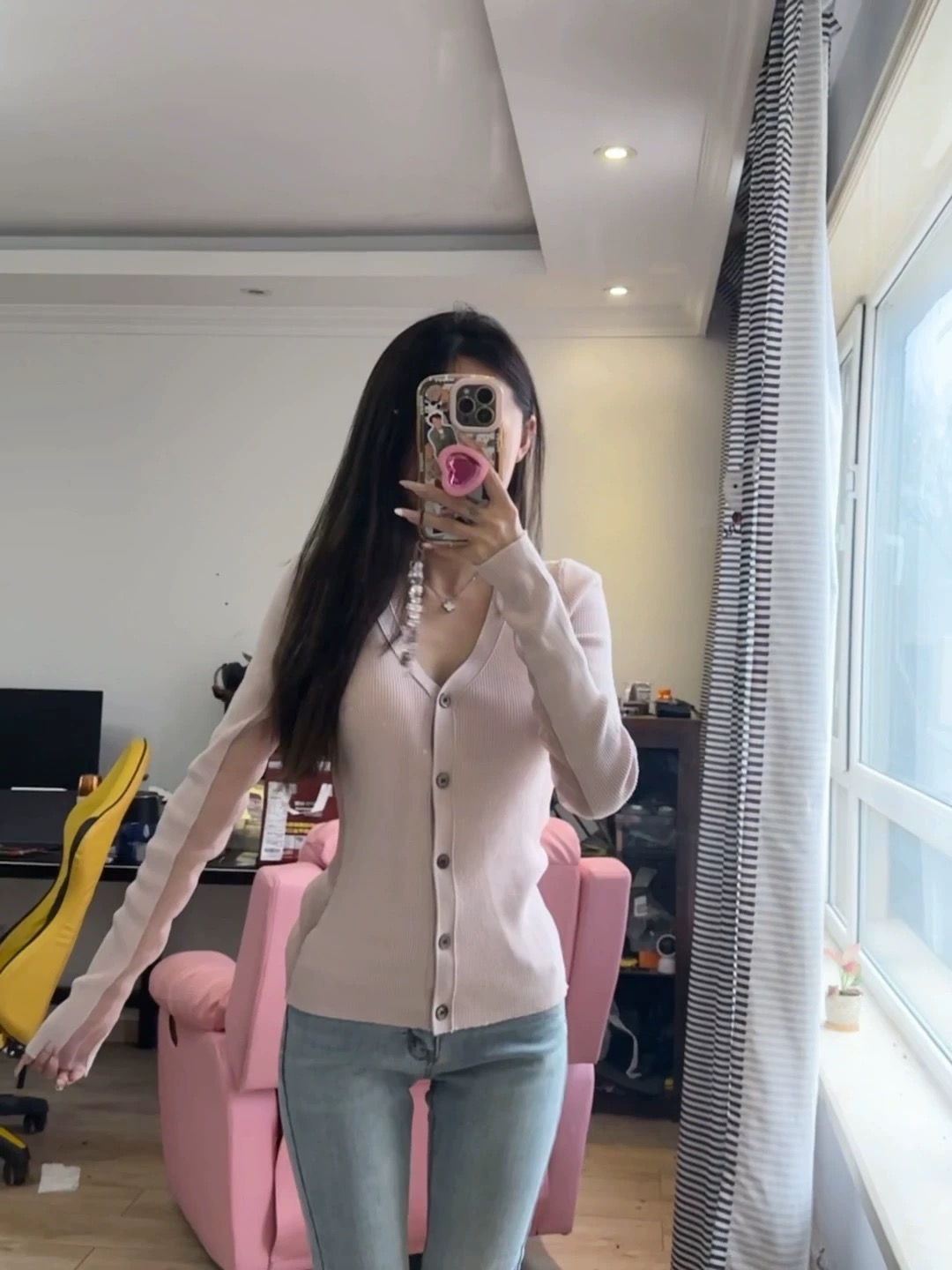 夫人拼接針織衫黑/粉雙色～小羊出品