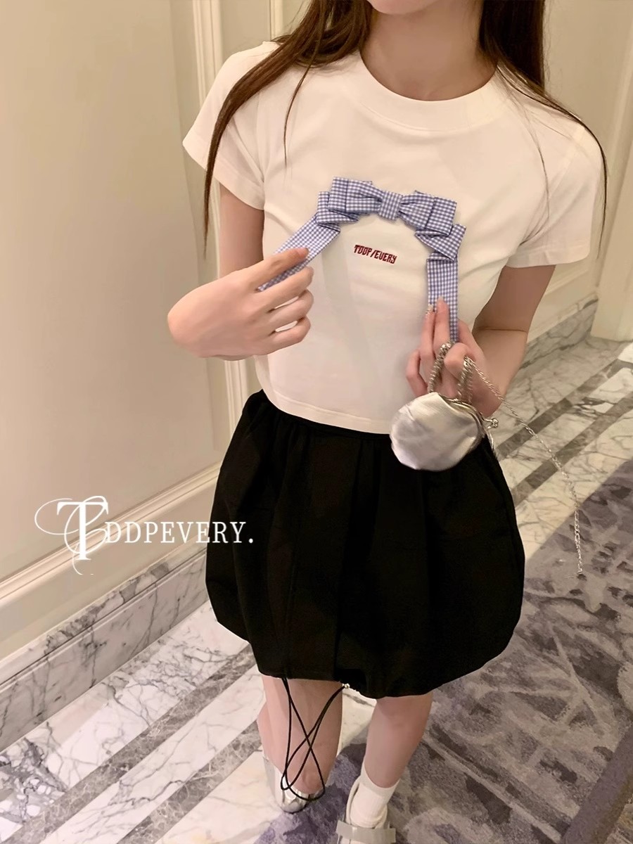 蝴蝶結正肩白色短袖T恤女2025新款夏季設計感芭蕾風短款上衣