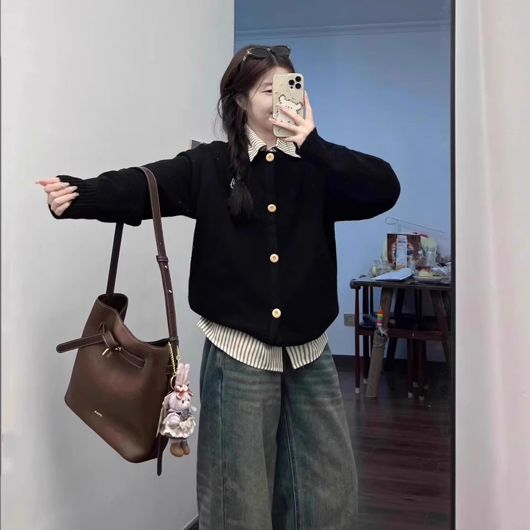 高級感假兩件毛衣女外套春秋冬慵懶學院風針織開衫