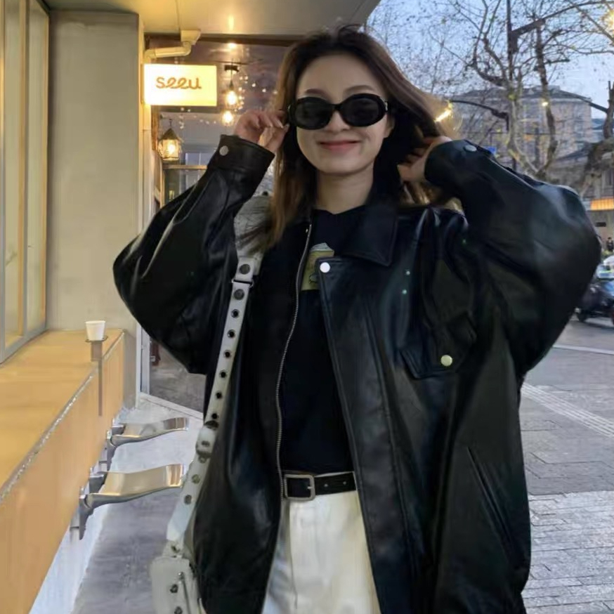 2025春裝拉鏈翻領pu仿皮衣外套女短款寬鬆顯瘦美式復古機車服