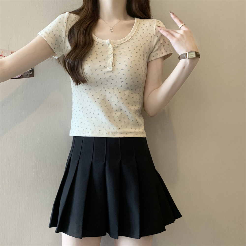 Real shot 40 pure cotton 210g 92 cotton/8 spandex short-sleeved T-shirt for women's button floral cloth
