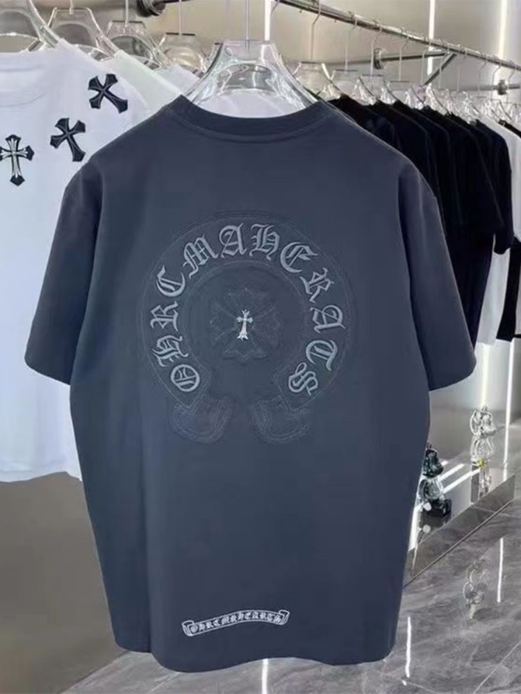 21支210g精梳純棉夏季貼布刺繡十字架短袖T恤男女寬鬆情侶上衣潮