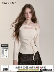 VIAPITTI修身設計感飄帶斜肩長袖T恤女秋季不規則內搭辣妹上衣