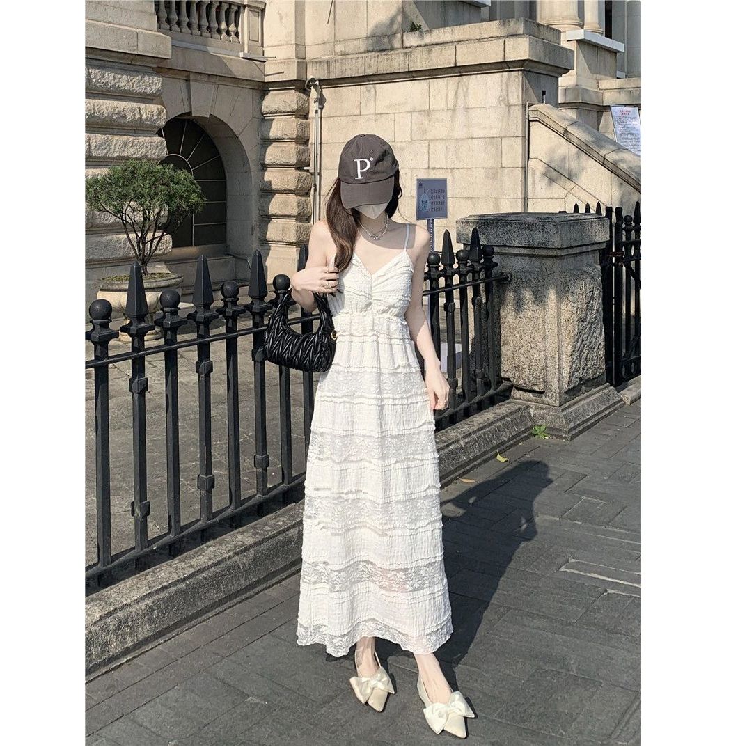 甜美風新中式蕾絲吊帶裙連衣裙女2025夏季計感高腰蛋糕裙長款裙子