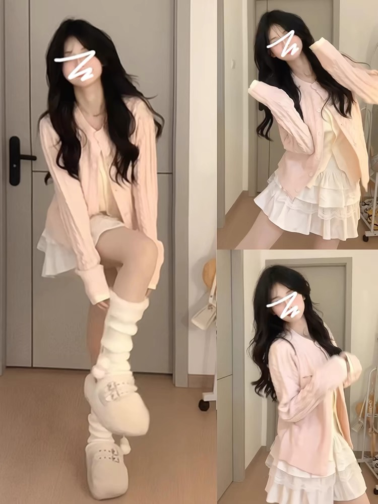 開春韓系穿搭粉色假兩件毛衣外套女春秋2025新款針織開衫內搭上衣