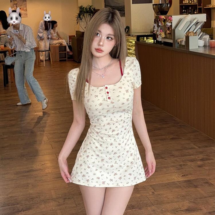純欲風假兩件印花修身包臀短裙夏季辣妹時尚露背港味連衣裙小個子