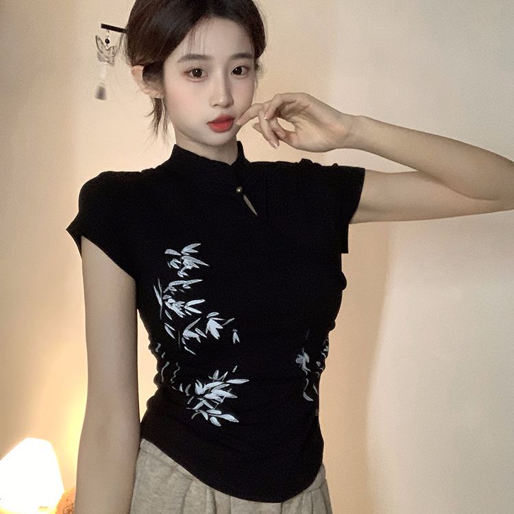 Chinese style retro ink and bamboo print short-sleeved T-shirt for women in summer new style stand-up collar button short top