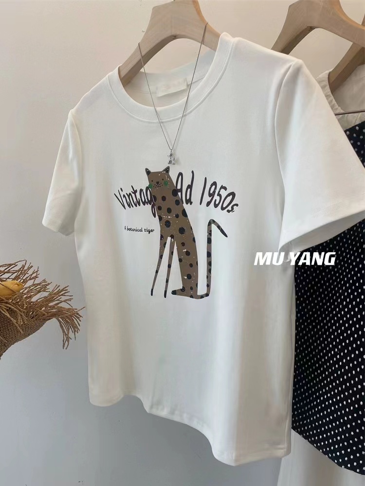 Threaded double-sided fleece Korean women's clothing new top design printed short-sleeved shoulder T-shirt summer