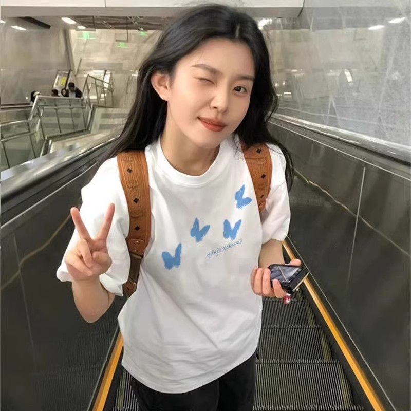 220克純棉美式印花短袖t恤女2025夏季新款寬鬆圓領上衣