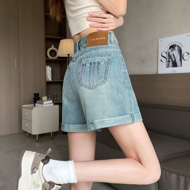 Contrast color curled denim shorts for women 2025 summer new high-waist retro slimming A-line loose hot pants trendy
