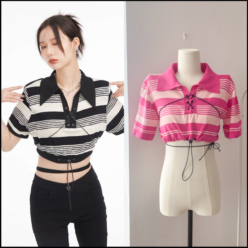 Striped polo lace-up 2025 summer new design slim hot girl short sleeve short knitted sweater