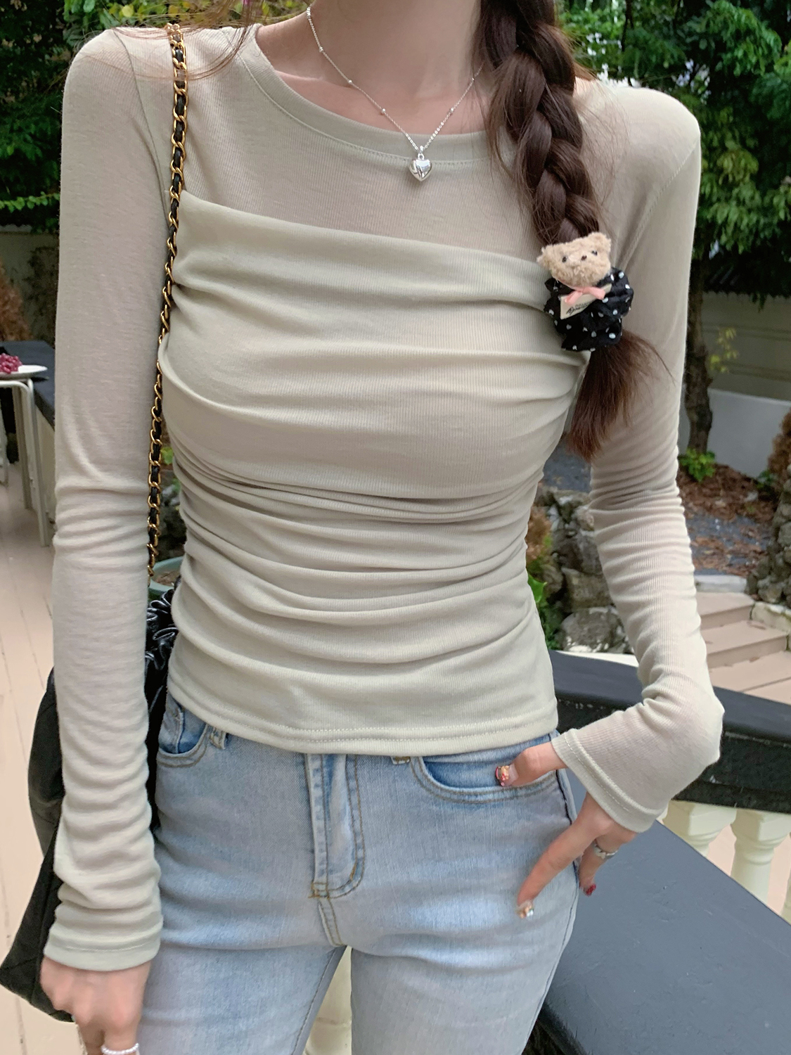 模特實拍長袖t恤女薄款修身內搭甜美絕美上衣正肩打底衫早春