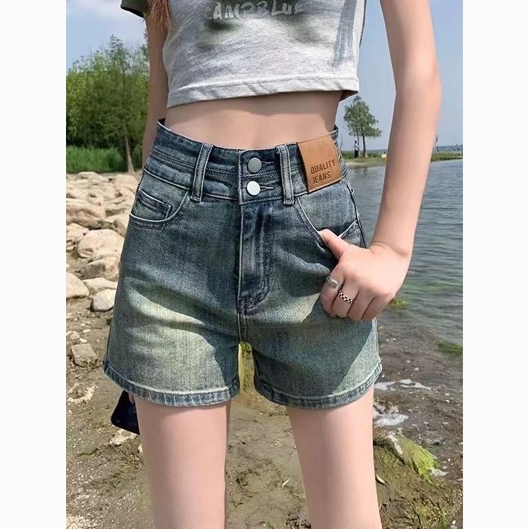 Retro double button denim shorts for women in summer thin hot girls high waist slimming design A-line wide-leg hot pants trendy
