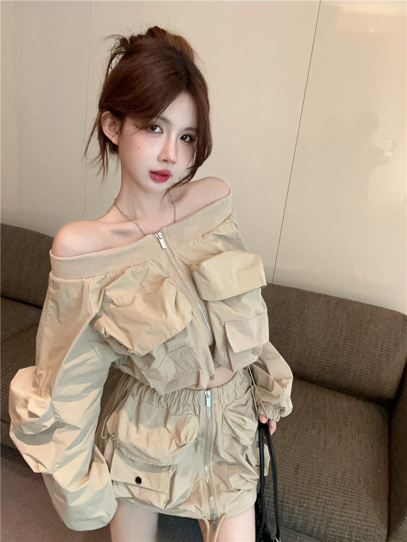 實拍~早春辣妹炸街一字肩多口袋工裝防曬外套高腰半身裙套裝