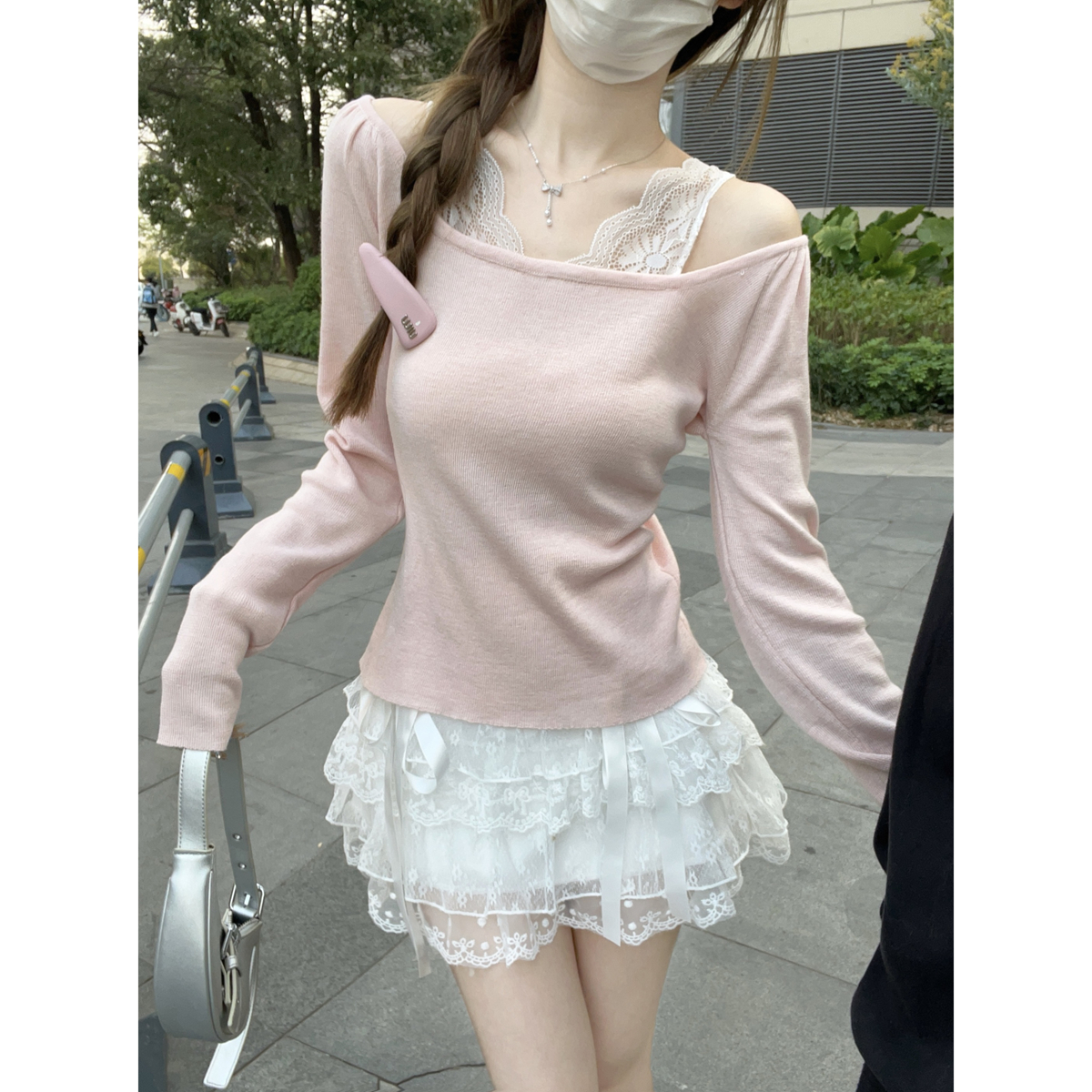 Real shot of spring Korean style square neck lace off-shoulder pure tenderness 6 wool sweater long sleeve sweater top