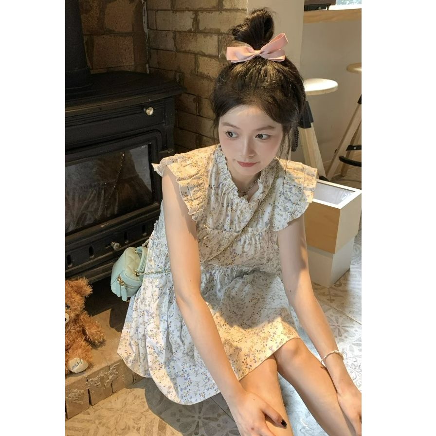 可愛設計感木耳邊溫柔風小飛袖碎花連衣裙女夏季甜美娃娃短裙裙子