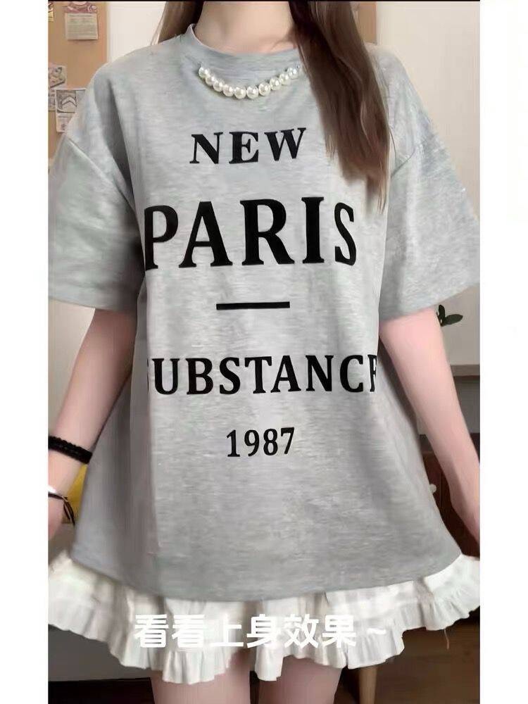 Now equipped with pure cotton 220g combed tight 100% cotton front printed loose short-sleeved T-shirt for women