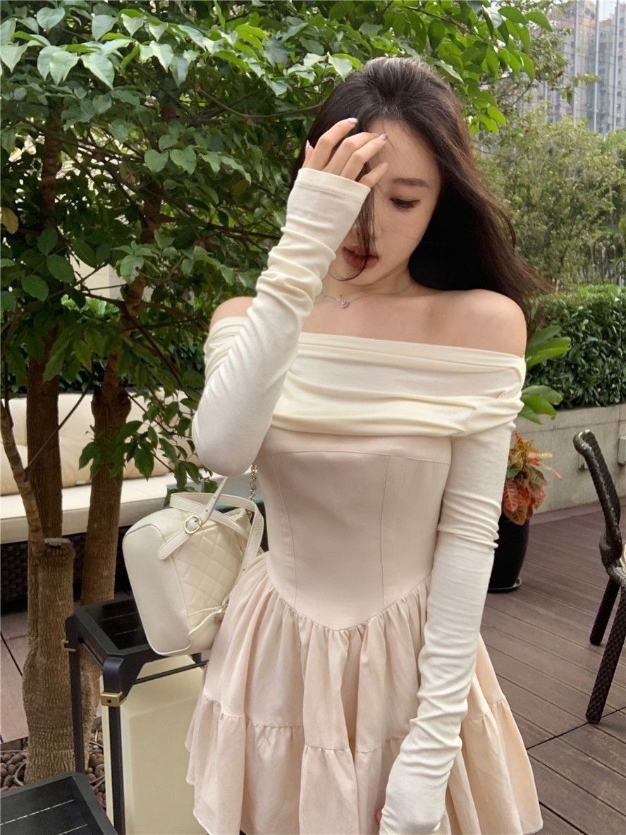 French temperament one-length neck a-line short skirt long sleeve dress for women autumn clothes sweet hot girl slim waist apricot color skirt