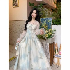 French elegant elegant lace-up V-neck printed dress design sense super fairy niche fashionable slim slim skirt