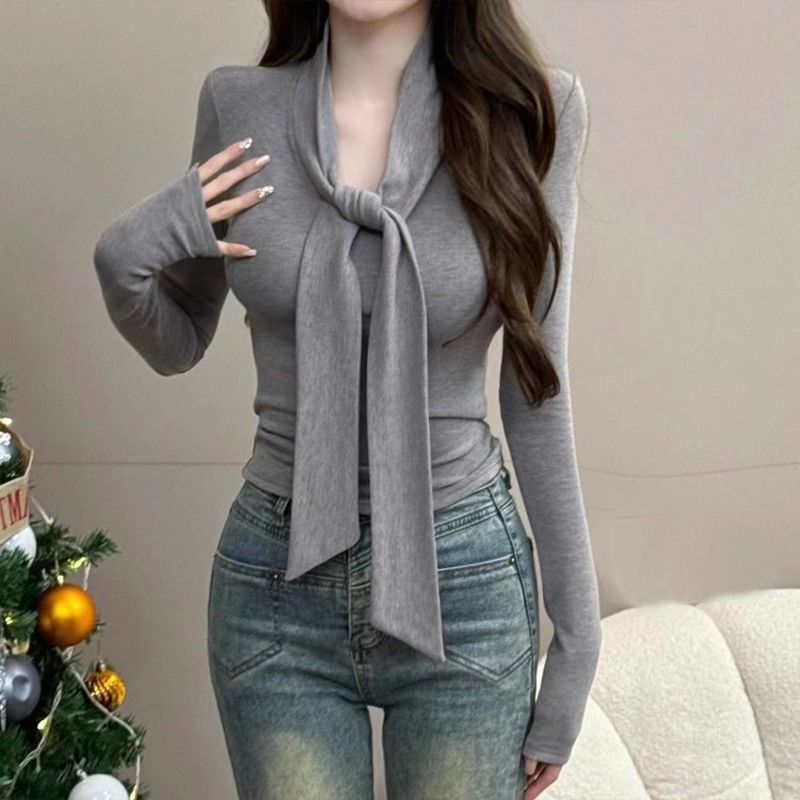 280g pure velvet lace-up V-neck plus velvet top long-sleeved T-shirt for women slim base shirt