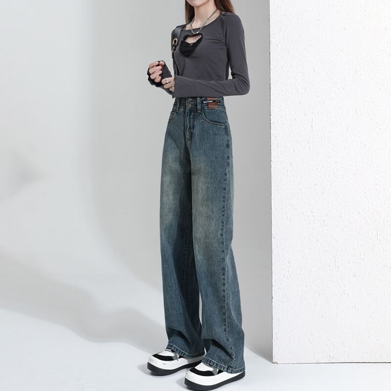 復古潮風高腰闊腿牛仔褲女2025年新款小個子寬鬆復古直筒牛仔褲子