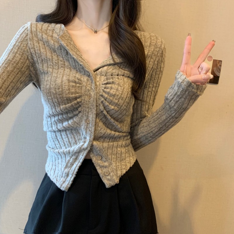 原版磨毛面料 長袖半開領開衫女秋冬褶皺修身短款內搭打底衫上衣