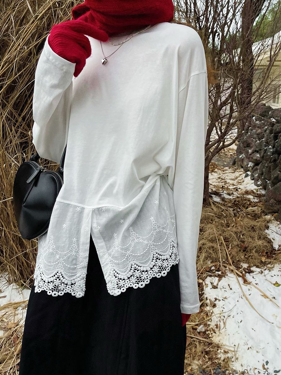European station winter new style fashionable spliced ​​lace hook-up shirt skirt versatile T-shirt base shirt