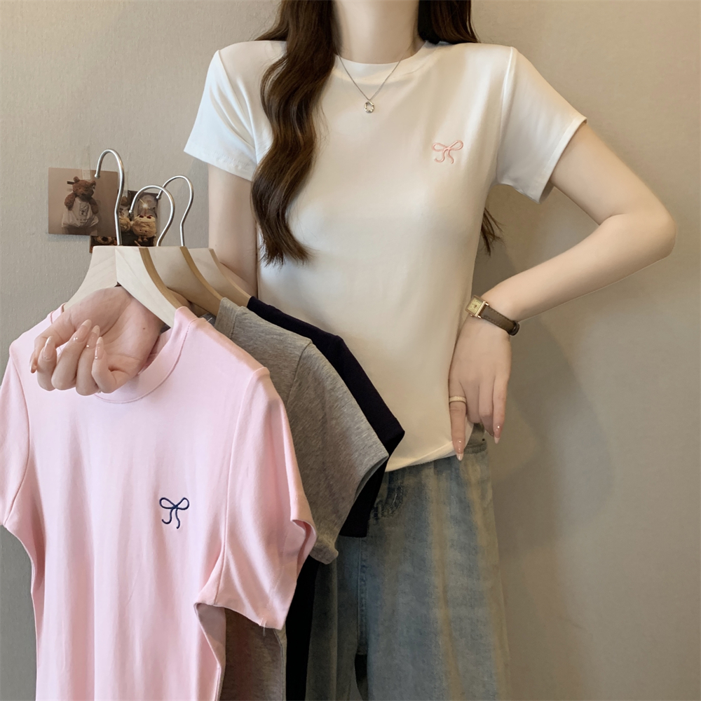 Real shot 40 pure cotton 210g 92 cotton/8 spandex Short-sleeved T-shirt for women embroidery embroidery