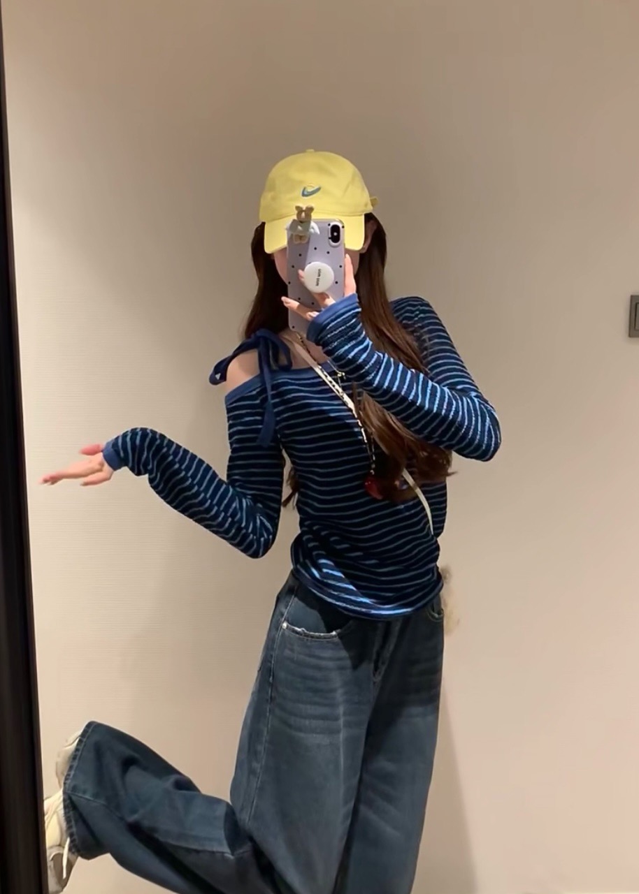 40 pure cotton striped American blue striped strap slim hot girl top