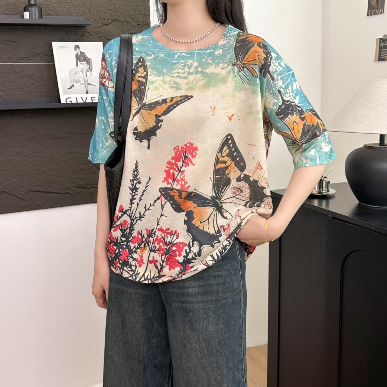 Real shot of retro cotton and linen sweater for women, round neck loose and slim and versatile spring and summer elastic printing mid-sleeved base shirt for women