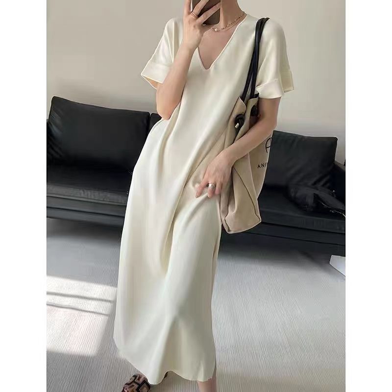 2025連衣裙女夏裝大碼懶人開叉長裙高級感寬鬆休閒v領短袖T恤裙