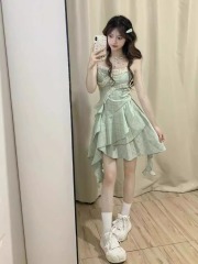 2025 spring new girlish style sweet green sleeveless suspender skirt student waist slimming irregular midi skirt