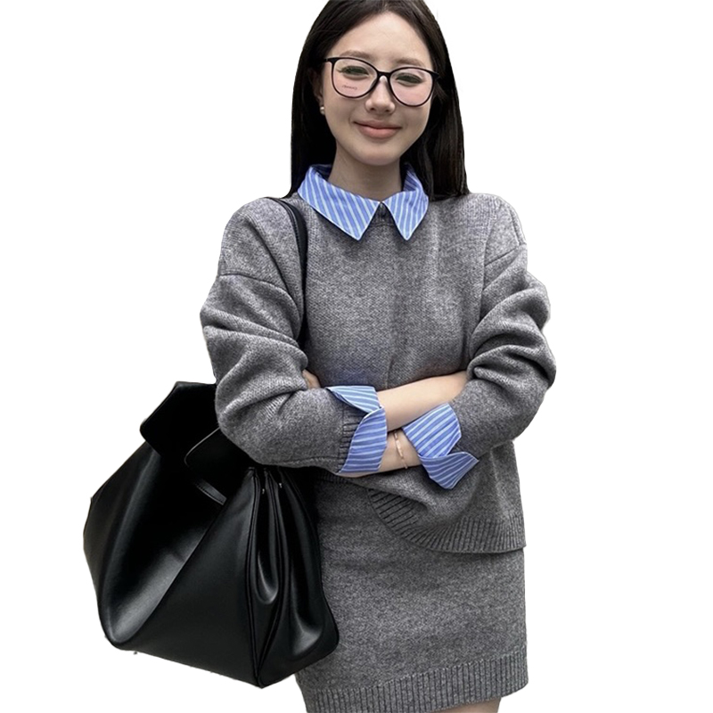 灰色針織毛衣套裝裙子女早春季2025新款韓系穿搭小香學院風高級感